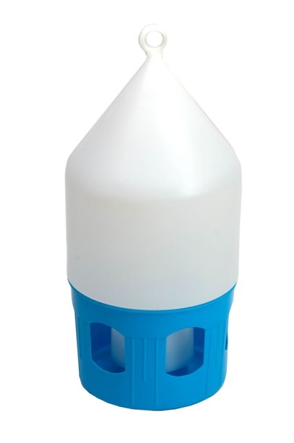 Abbildung einer 5,0 Li. Taubentränke mit Bajonettverschluss und Tragering in den Farben weiß und blau.